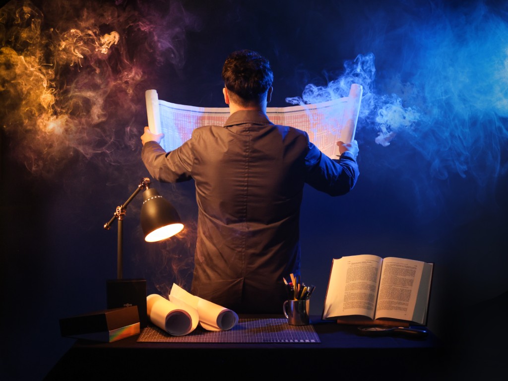 Michał Siejda ogląda dokumenty i stoi odwrócony plecami